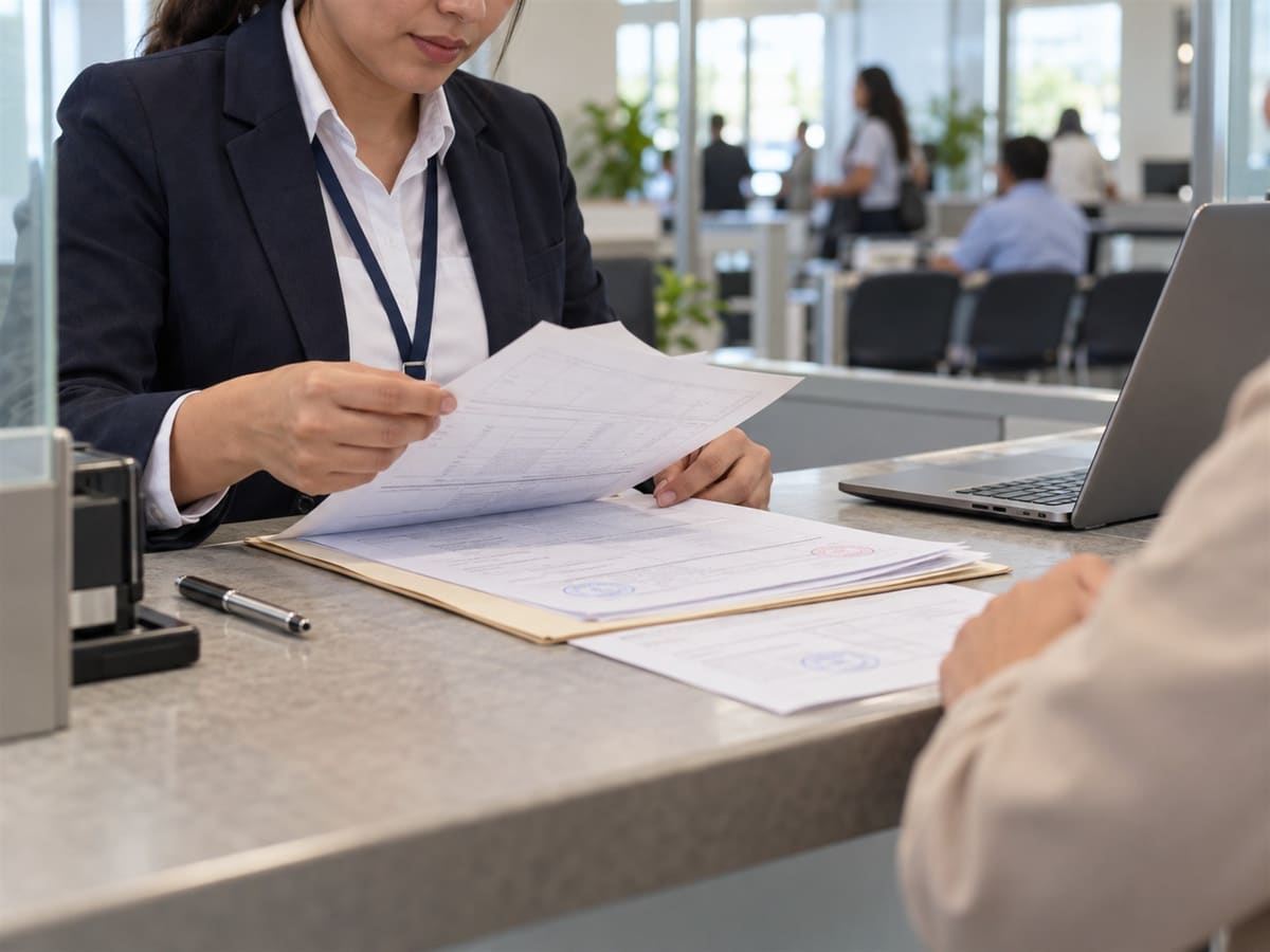 Profesional revisando formularios aduaneros sellados en un mostrador de atención
