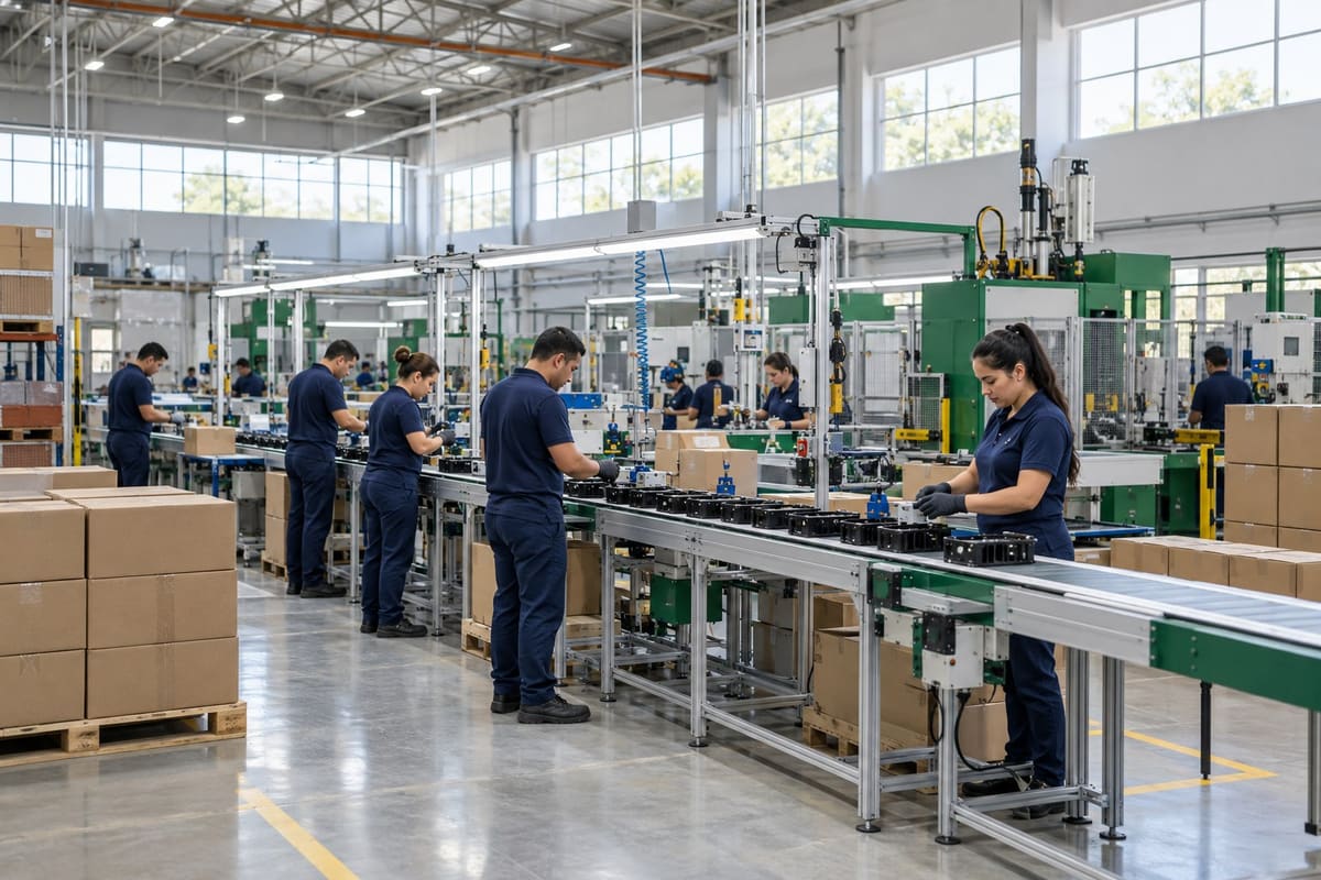 Planta industrial con operarios en una línea de producción